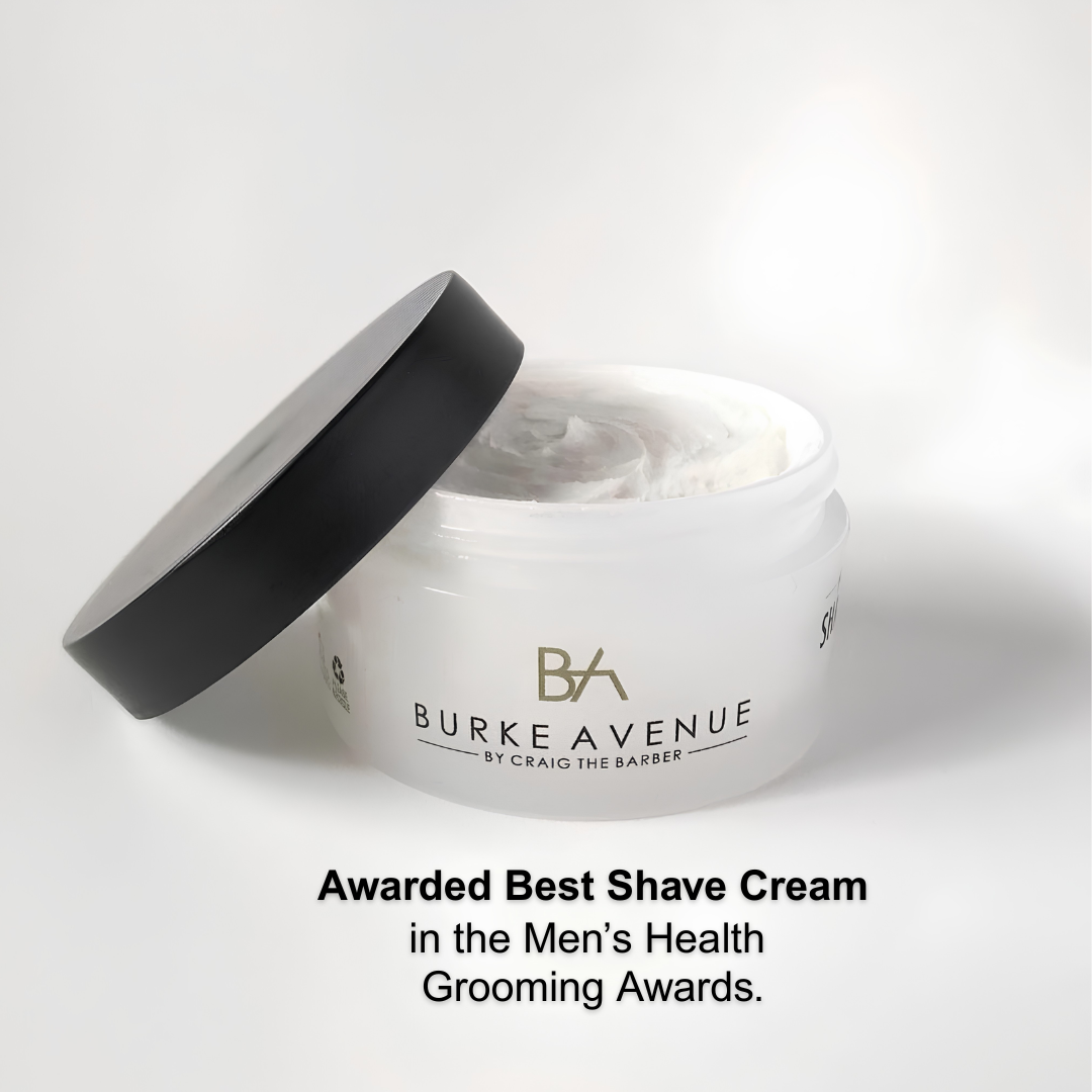 Jar of Burke Avenue Moisturizing Shave Creamv with Men's Health award announcement on a white background