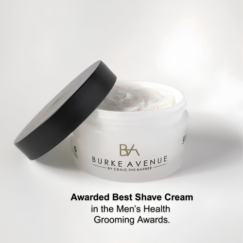 Jar of Burke Avenue Moisturizing Shave Creamv with Men's Health award announcement on a white background