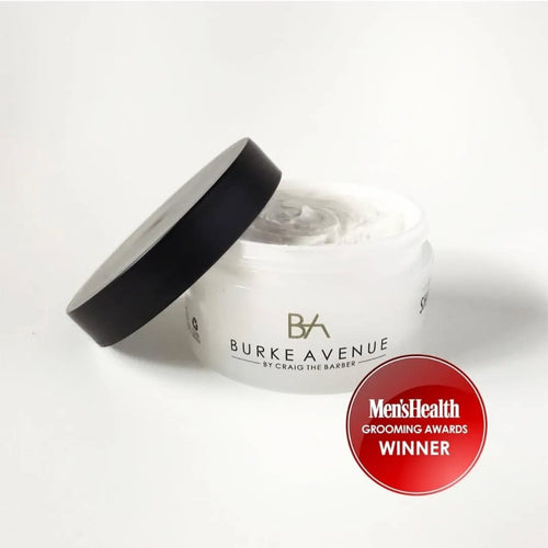 Burke Avenue® Moisturizing Shave Cream jar – premium shave cream for sensitive skin Men's Health Magazine winner.