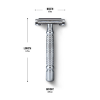 Front view of My-Blades chrome butterfly safety razor with dimensions 3.7in length, 1.7in width, and weight 2.5oz.