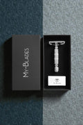 My-Blades chrome butterfly safety razor displayed inside premium black gift box with branded packaging.