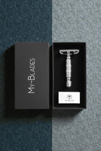 My-Blades chrome butterfly safety razor displayed inside premium black gift box with branded packaging.