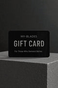 My-Blades digital gift card displayed on textured concrete pedestal with black minimalist design and “For Those Who Demand Better” tagline.