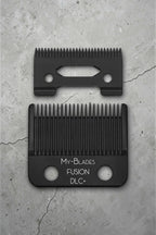 My-Blades Fusion DLC+ replacement clipper blade set displayed in exploded view showing upper and lower cutting blades on textured dark background.
