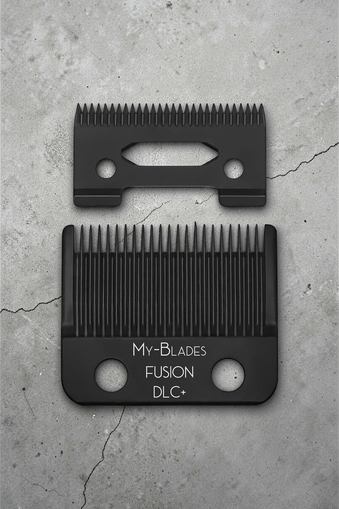 My-Blades Fusion DLC+ replacement clipper blade set displayed in exploded view showing upper and lower cutting blades on textured dark background.