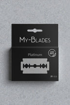 My-Blades Platinum razor blades 20-pack labeled “Extra Gentle” in black packaging for smooth and comfortable shaving.