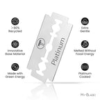 Platinum double edge razor blade made in Germany, eco-friendly and platinum-coated for a smooth, gentle shave. Features >80% recycled material, green energy, and fossil-free steel.