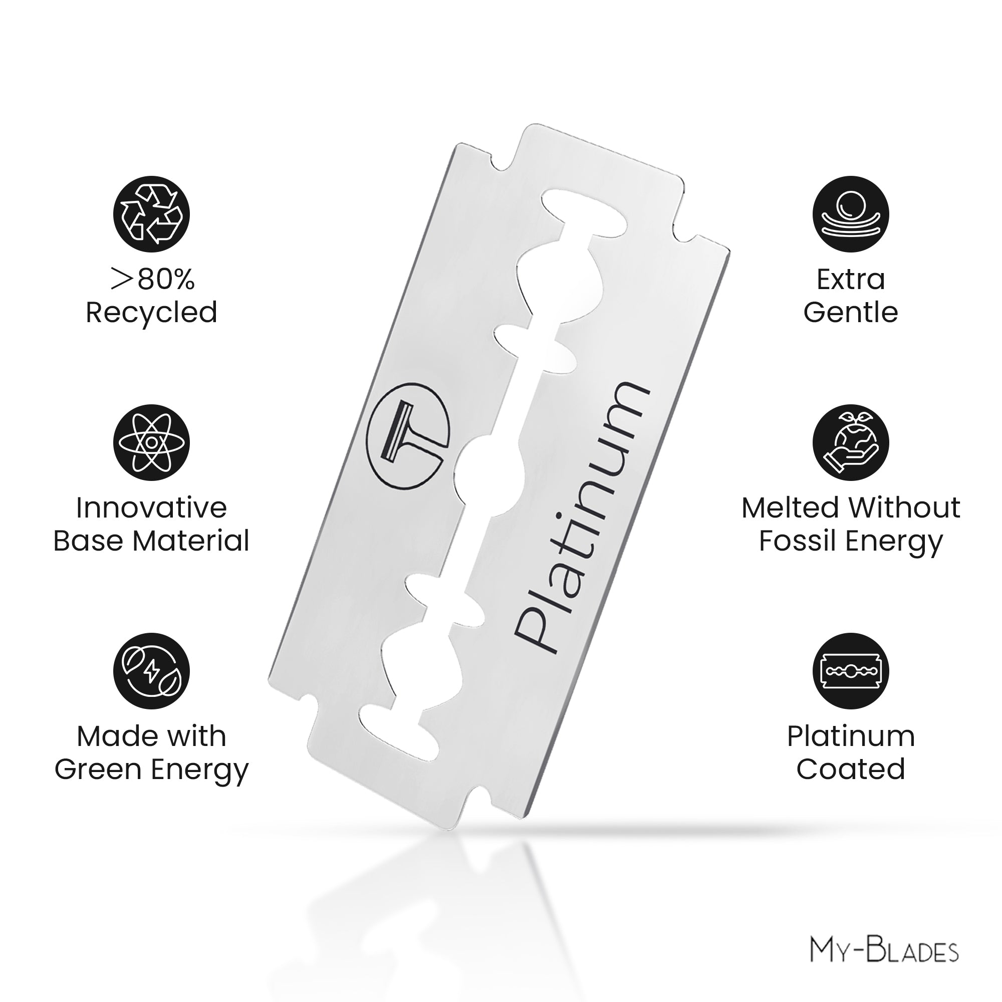 Platinum double edge razor blade made in Germany, eco-friendly and platinum-coated for a smooth, gentle shave. Features >80% recycled material, green energy, and fossil-free steel.