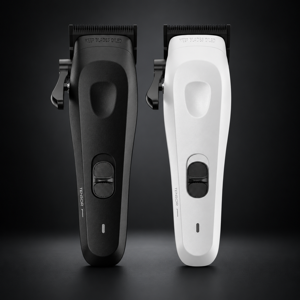 My-Blades Tensor1 professional trimmer shown in black and white color variants side by side.