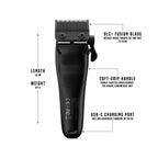 Rear view of the Tensor 1 clipper showing the DLC+ Fusion blade, soft-grip handle, USB-C charging port, and key dimensions including 16 cm length and 8.7oz weight.