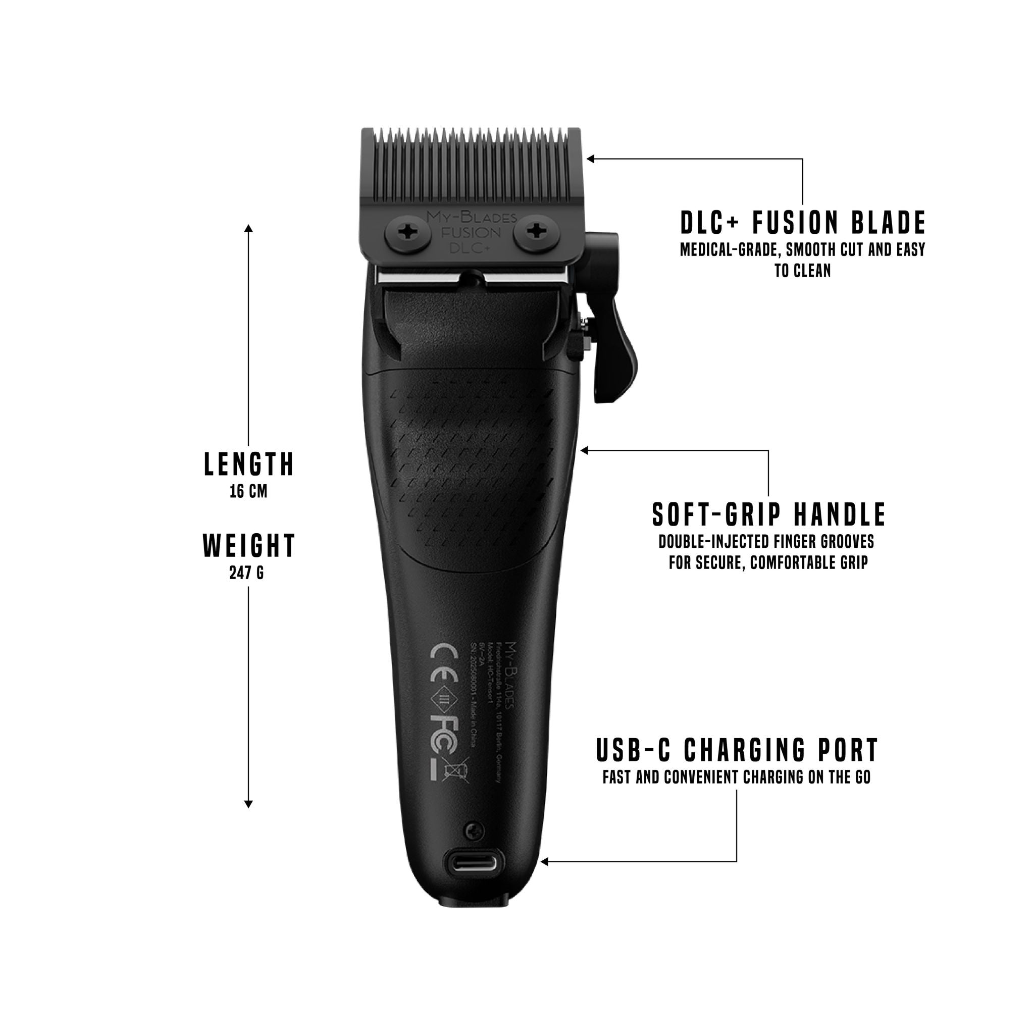 Rear view of the Tensor 1 clipper showing the DLC+ Fusion blade, soft-grip handle, USB-C charging port, and key dimensions including 16 cm length and 8.7oz weight.