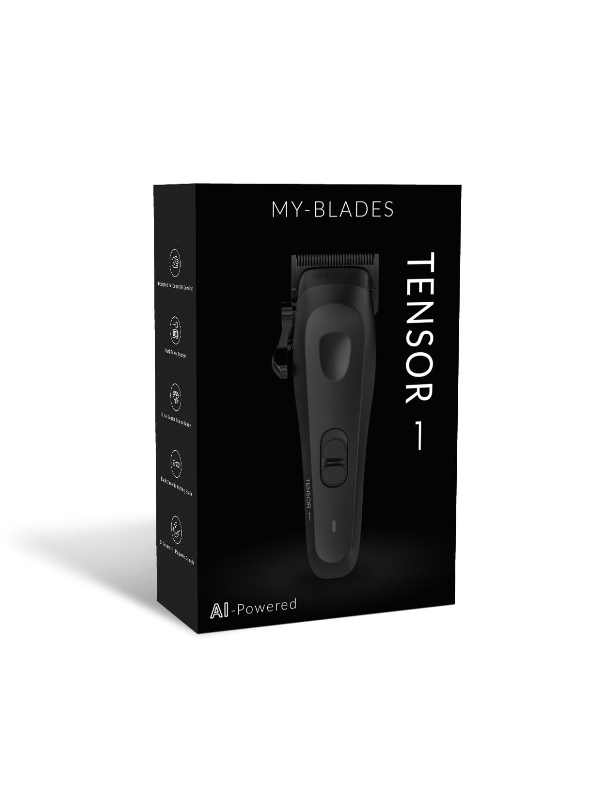 My Blades Tensor 1 AI-powered clipper retail box featuring the clipper image on a black minimalist package design with My-Blades and Tensor 1 branding.