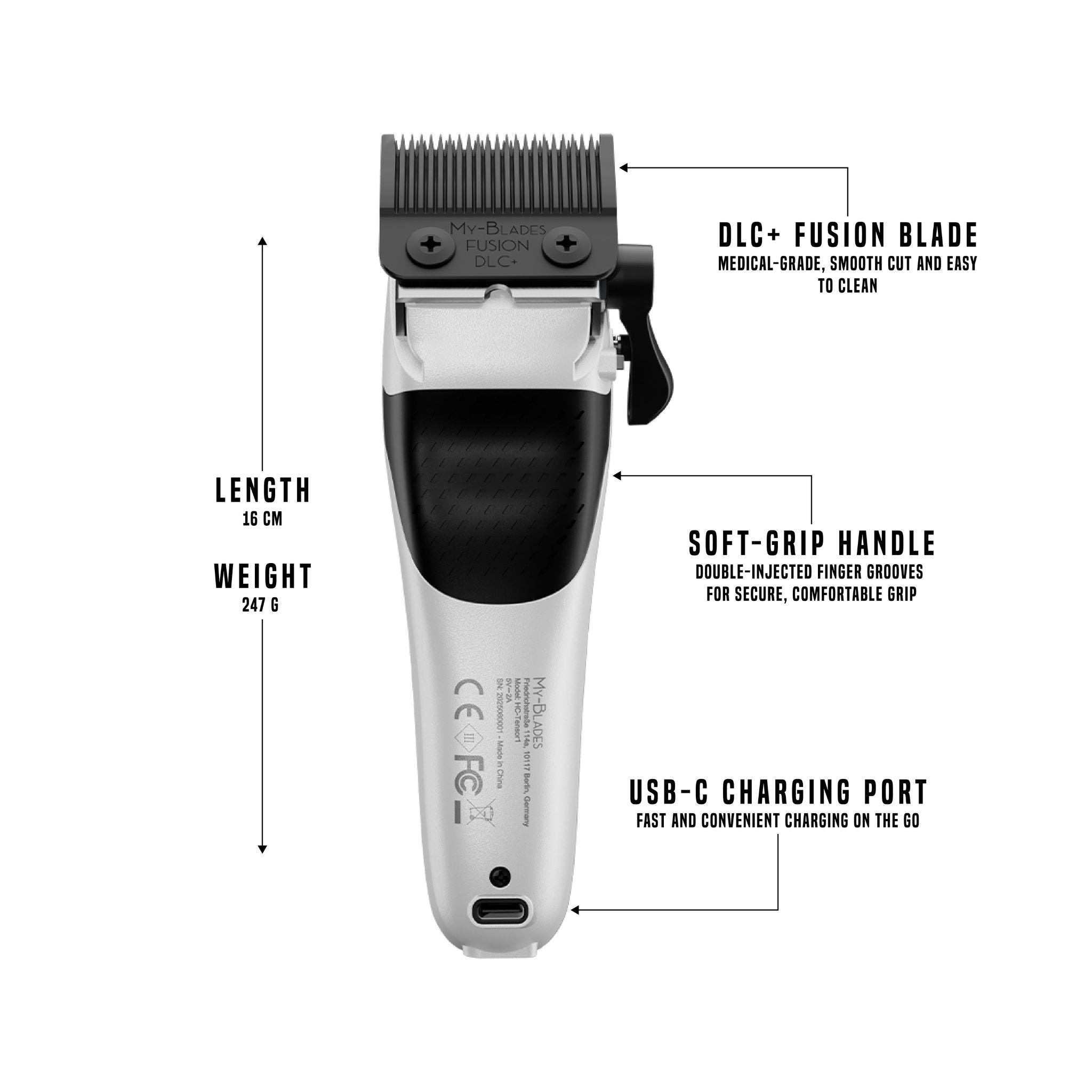 Rear view of the Tensor 1 White Edition clipper showing the DLC+ Fusion blade, soft-grip handle, USB-C charging port, and dimensions of 16 cm length and 8.7oz weight.