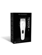 My Blades Tensor 1 White Edition AI-powered clipper packaging box featuring the white clipper on a minimalist black design with My-Blades and Tensor 1 branding.