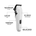 Side view of the Tensor 1 White Edition clipper highlighting the black zirconia blade, 5-click lever, aluminum housing, 360-degree thumb rest, and smart light indicator.
